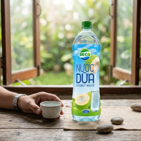Nước dừa đóng chai trong bối cảnh thưởng thức đồ uống