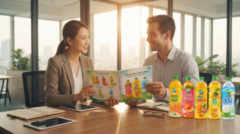 Đối tác doanh nghiệp trao đổi thông tin về hợp tác phân phối đồ uống