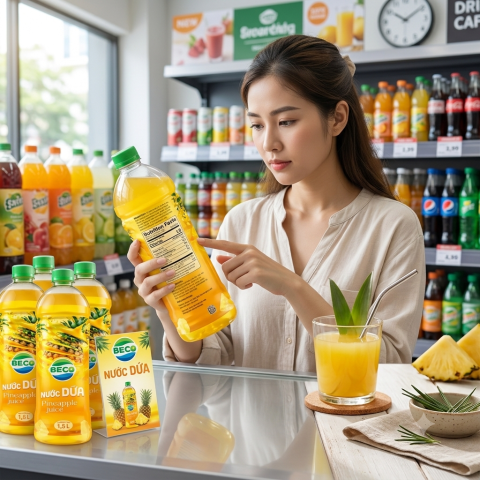Người tiêu dùng kiểm tra nhãn nước dứa đóng chai trước khi lựa chọn