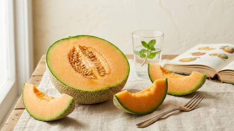 Dưa lưới tươi bổ đôi với phần ruột và vỏ lưới đặc trưng