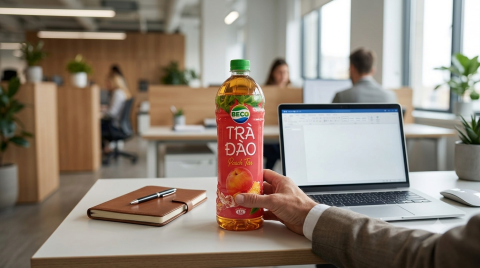 Chai Nước Trà đào BECO trên bàn làm việc trong khoảnh khắc nghỉ giải lao giữa ngày