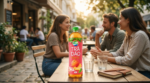 Nước Trà đào BECO trên bàn trong buổi trò chuyện cuối tuần cùng bạn bè tại quán cà phê
